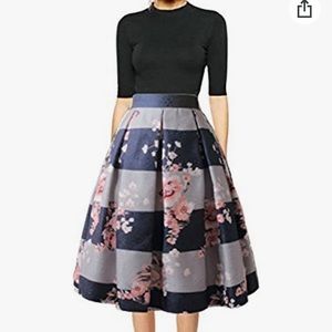 Floral Midi Skirts High Waisted A-Line Cocktail Party Prom Skirt